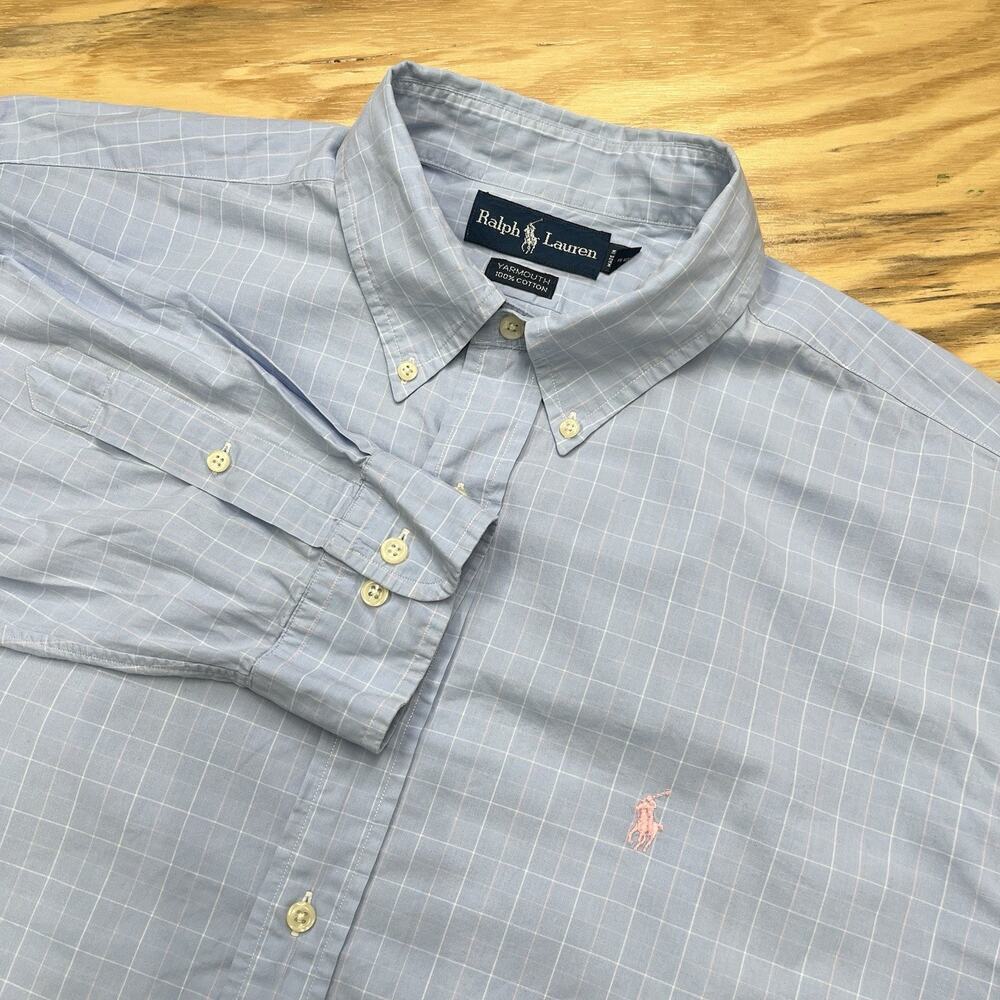 Vintage Ralph Lauren Yarmouth Shirt 17.5 36/37 Lightweight Blue Plaid Career